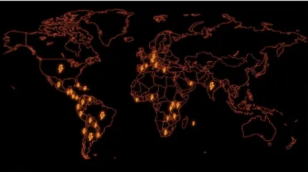 Mapa mundial oscuro con contornos naranjas y rayos que marcan los países alcanzados por los cursos, concentrados en América Latina, África y Europa